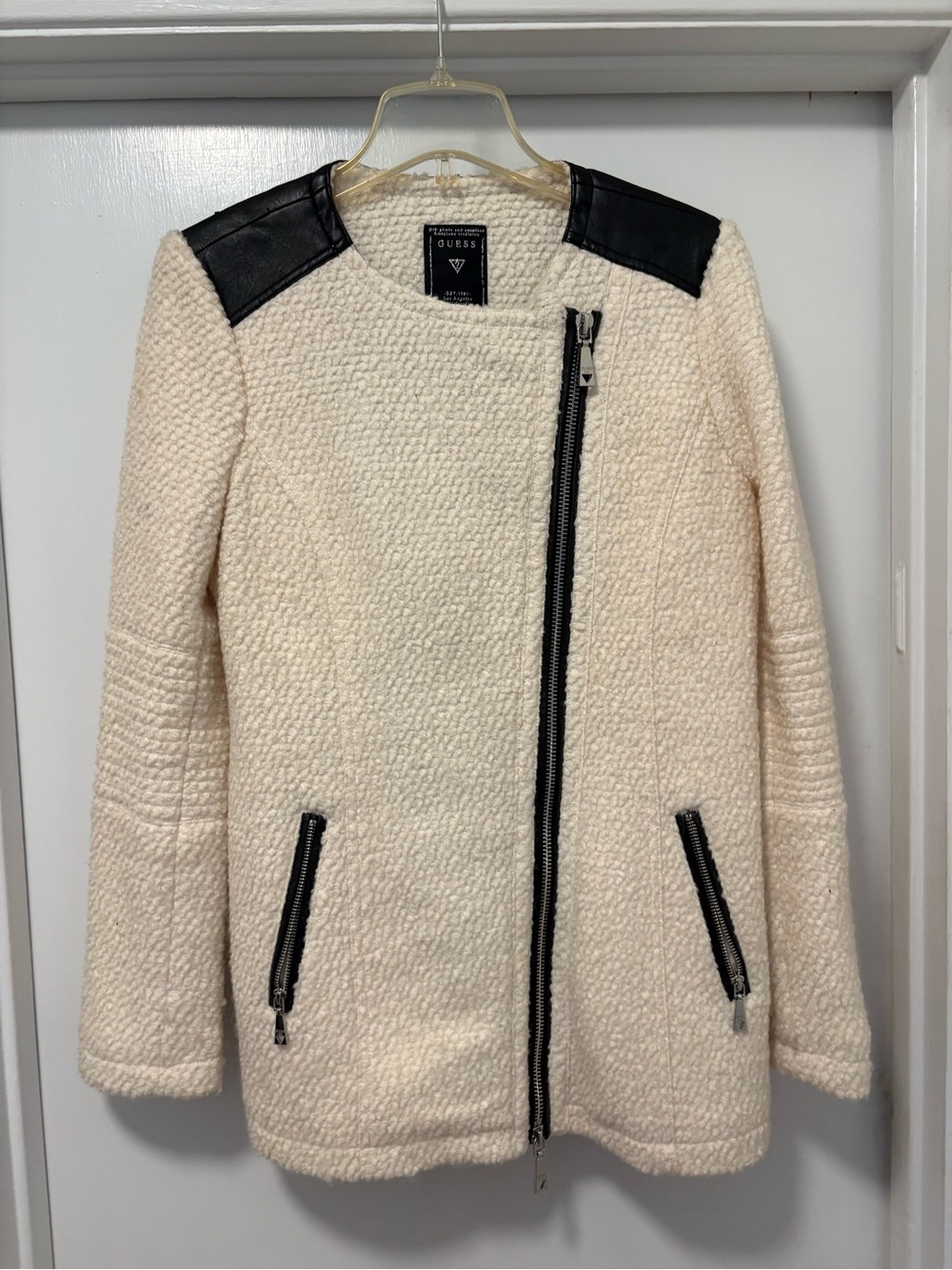 GUESS Cream Teddy Moto Coat with Black Trim